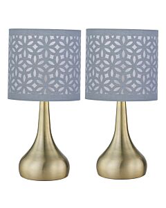 Set of 2 Romana - Antique Brass Touch Table Lamps Grey Laser Cut Shade
