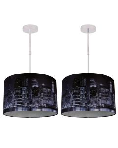 Set of 2 Digitally Printed Shade with New York City Skyline 320mm Diameter Adjustable Flush