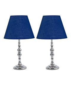 Set of 2 Chrome Table Lamps with Decorative Stem and Navy Blue Shades