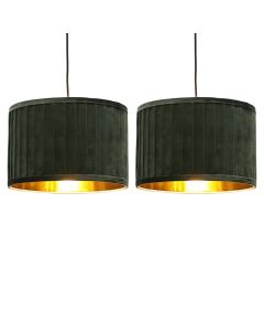 Set of 2 Sundance - Dark Green Velvet Pleated 30cm Lamp Shades with Gold Inner