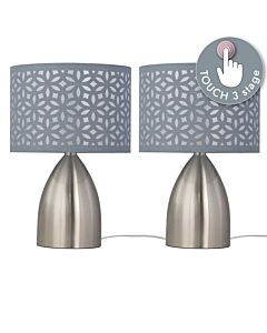 Set of 2 Valentina - Brushed Chrome Touch Lamps with Grey Cut Out Shades