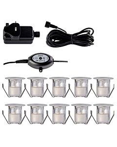 Set of 10 - 30mm Stainless Steel IP67 Warm White LED Plinth Decking Kit with Dusk til Dawn Photocell Sensor