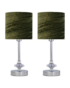 Set of 2 Chrome Jewelled Table Lamp with Green Crushed Velvet Shades