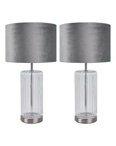 Set of 2 Clear Fluted Glass Lamps with Grey Velvet Shades