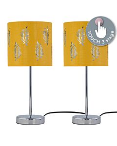 Set of 2 Chrome Touch Operated Table Lamps with Ochre Mustard Fern Shades