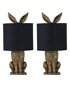 Set of 2 Babs - Antique Gold Hare Table Lamps With Black Fabric Shade