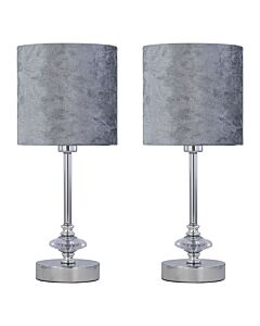 Set of 2 Chrome Jewelled Table Lamp with Grey Crushed Velvet Shades