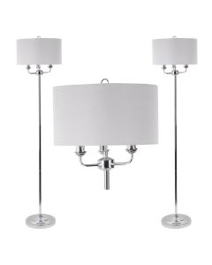 Pair of 3 Light Chrome Floor Standard Light with Grey Fabric Shade