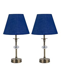 Set of 2 Antique Brass Lamps with Facet Detail and Navy Blue Shades