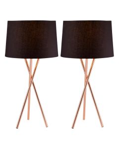 Pair Copper Tripod Table Lamp with Black Fabric Shade