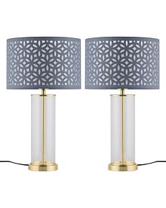 Set of 2 Aura - Satin Brass Lamps with Grey Cut Out Shades