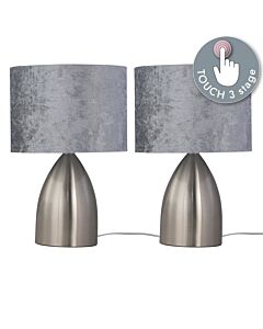 Set of 2 Valentina - Brushed Chrome Touch Lamps with Grey Crushed Velvet Shades