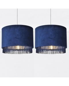 Set of 2 Navy Velvet With Chrome Inner Tassled Light Shades