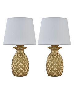 Set of 2 Pineapple - Gold Resin Table Lamps with White Fabric Shades