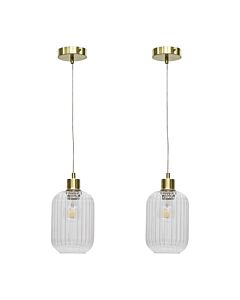 Set of 2 Batley - Clear Ribbed Glass with Satin Brass Pendant Fittings