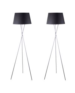 Pair Grey Tripod Floor Lamp with Black Fabric Shade