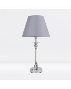 Chrome Plated Bedside Table Light with Ball Detail Column Grey Fabric Shade