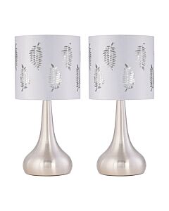 Set of 2 Romana - Brushed Chrome Touch Lamps with White Fern Shades