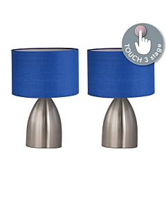 Set of 2 Valentina - Brushed Chrome Touch Lamps with Navy Blue Shades