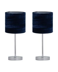 Set of 2 Chrome Stick Table Lamps with Navy Blue Crushed Velvet Shades