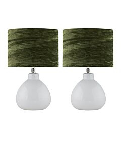 Set of 2 Tuscan - White Ceramic Lamps with Dark Green Crushed Velvet Shade