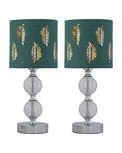 Set of 2 Chrome Two Ball Table Lamps with Dark Green Fern Shades