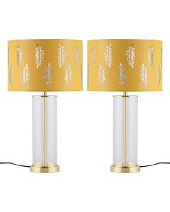 Set of 2 Aura - Satin Brass Lamps with Ochre Fern Cut Out Shades