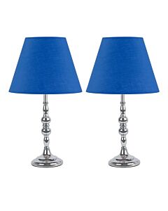 Set of 2 Chrome Table Lamps with Decorative Stem and Royal Blue Shades