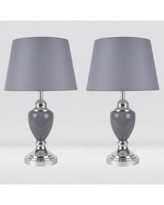 Set of 2 Chrome and Grey Urn Table Lamps with Grey Shades