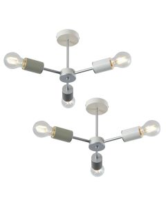 Set of 2 Vevo Monochrome - White with Satin Silver 3 Arm Flush Ceiling Lights