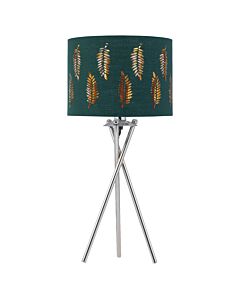 Chrome Tripod Table Lamp with Dark Green Fern Cut Out Shade