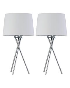 Set of 2 Tripod - Chrome Lamps with White & Silver Fabric Shade