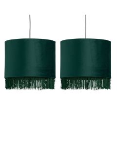 Set of 2 Tassel - Dark Green Velvet with Gold Inner Easy Fit 25cm Pendant Shades