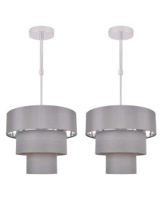 Set of 2 Staggered 3 Tier Grey Faux Silk Slub Fabric Ceiling Adjustable Flush Shade with Chrome Board Inner