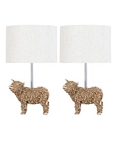 Set of 2 Angus - Highland Cow Table Lamps With Oatmeal Linen Shade