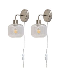 Set of 2 Toby - Satin Nickel Plug in Wall Lights Barrel Ribbed Glass