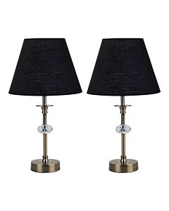 Set of 2 Antique Brass Table Lamps with Facet Detail and Black Shades