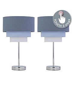 Set of 2 Chrome Touch Operated Table Lamps with Tiered Blue Linen Shades