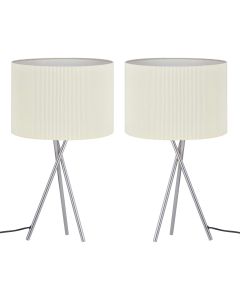 Set of 2 Chrome Tripod Table Lamps with White Micropleat Shades