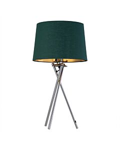 Tripod - Chrome Lamp with Green & Gold Fabric Shade