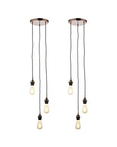 Set of 2 Antique Copper Vintage Braided Cable 3 Light Pendant Sets