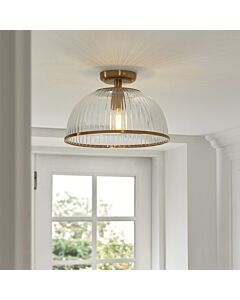 Endon Lighting - Somerset - 118751 - Vintage Brass Clear Ribbed Glass Flush Ceiling Light