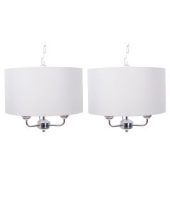 Pair of 3 Light Chrome Pendant Chandelier with Light Cream Fabric Shade