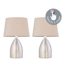 Set of 2 Valentina - Brushed Chrome Touch Lamps with Natural Cotton Shades