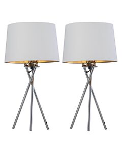 Set of 2 Tripod - Chrome Lamps with White & Gold Fabric Shade