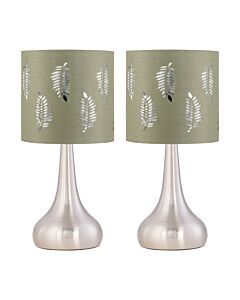 Set of 2 Romana - Brushed Chrome Touch Lamps with Sage Green Fern