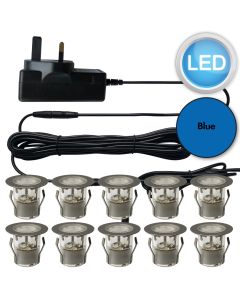 Set of 10 - 30mm Stainless Steel IP67 Blue LED Plinth Decking Kit