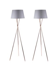 Pair Copper Tripod Floor Lamp with Grey Fabric Shade