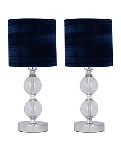 Set of 2 Chrome Two Ball Table Lamp with Navy Blue Crushed Velvet Shades