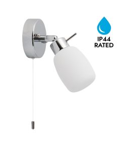 Brom - Chrome Opal Glass IP44 Pull Cord Bathroom Wall Spotlight